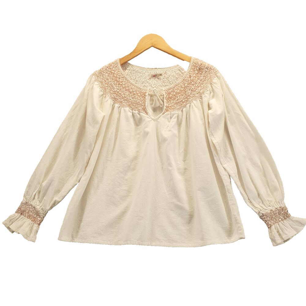 Faherty Women Sz S Cream Naomi 100% Organic Cotton Embroidered Peasant Blouse